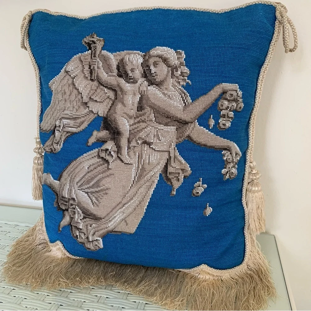 Antique Hand Beaded Angel & Cherub Decorative Throw Pillow